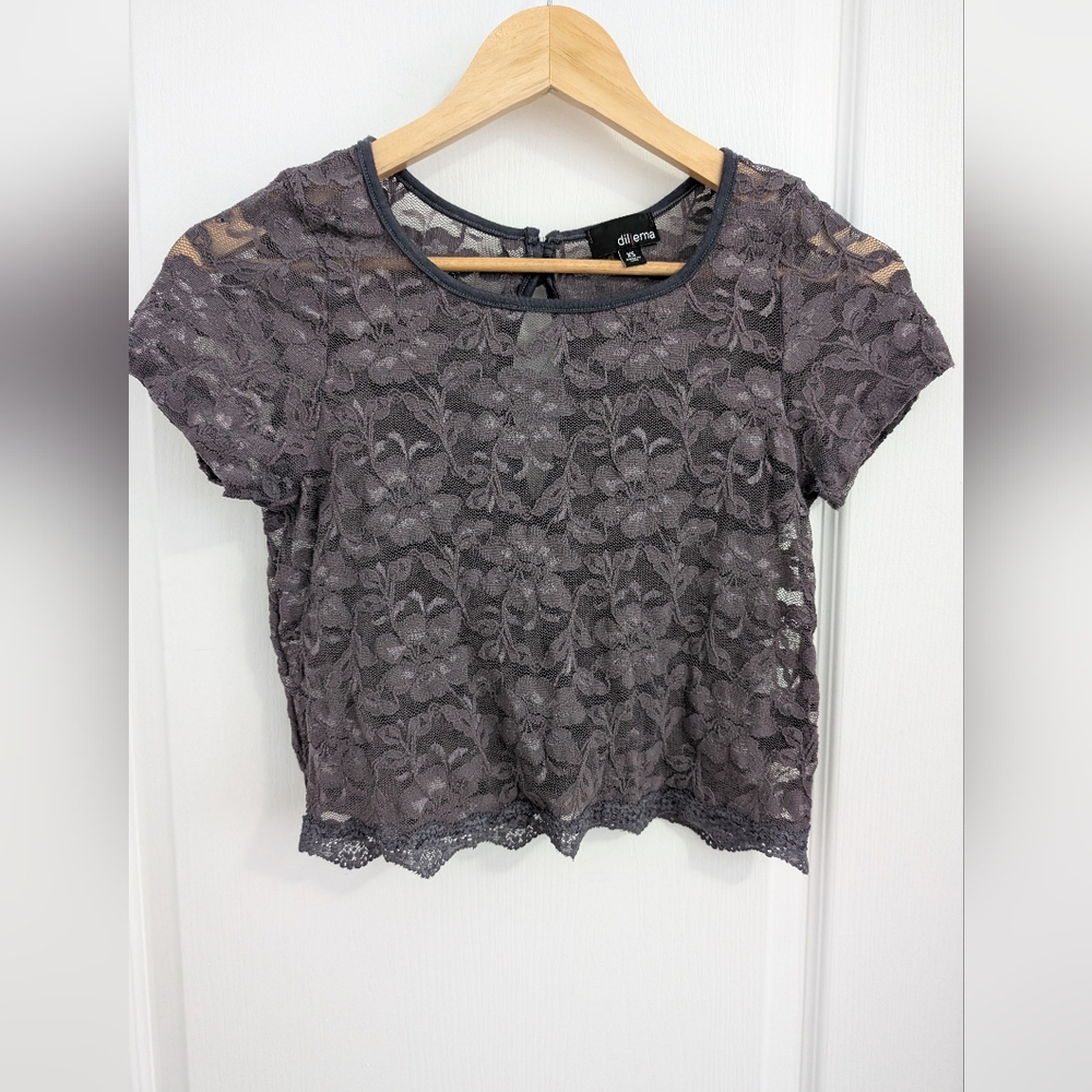 Aritzia Dilema Navy Blue Sheer Lace Cropped Top - Size XSmall